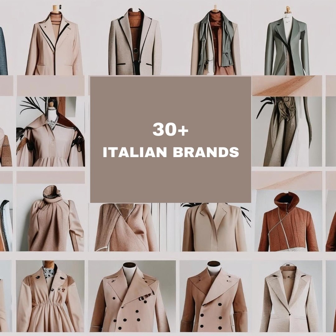 Collage of Italian fashion designs and coats representing over 30 Italian brands available on LEIVIP’s multi-brand wholesale platform.