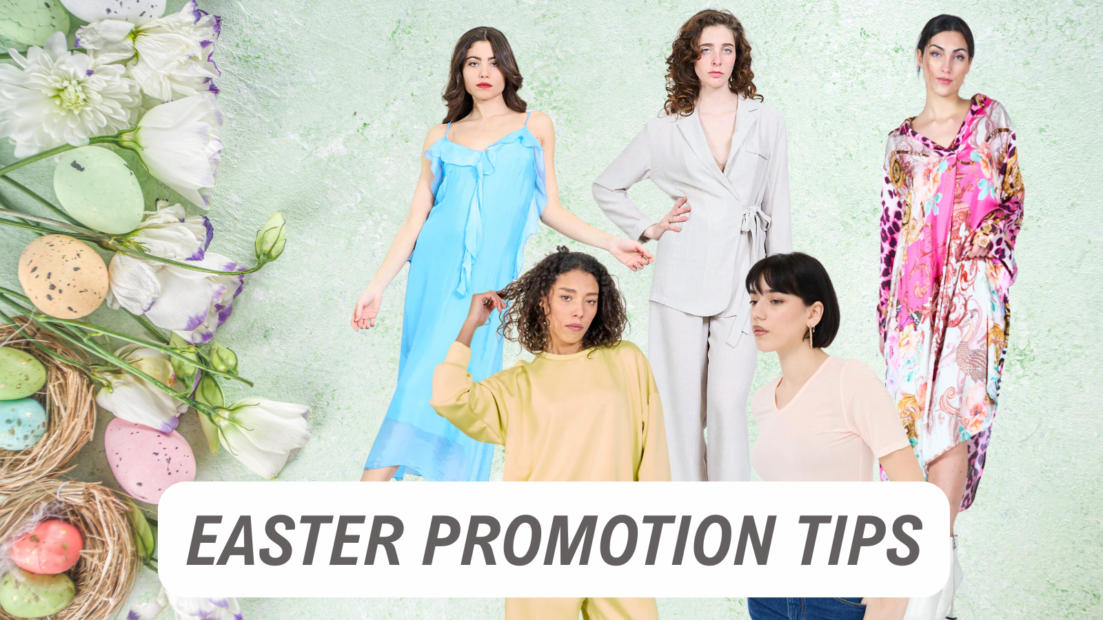 Four women wearing colorful spring outfits with Easter decorations, representing LEIVIP’s fashion wholesale Easter promotion ideas for retailers.