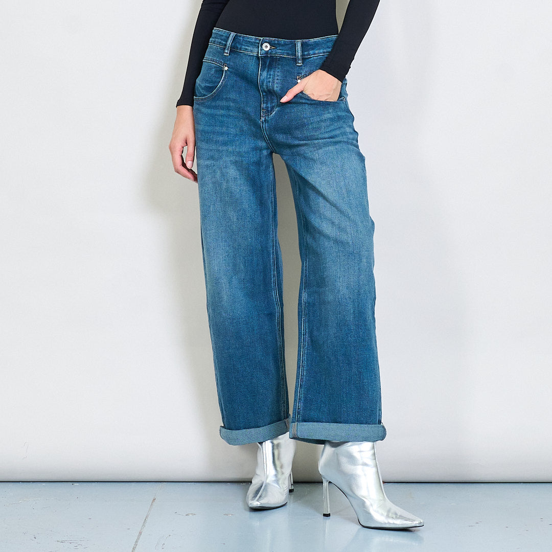 Washed Denim Wide Leg Pants With Tie Hem Detail