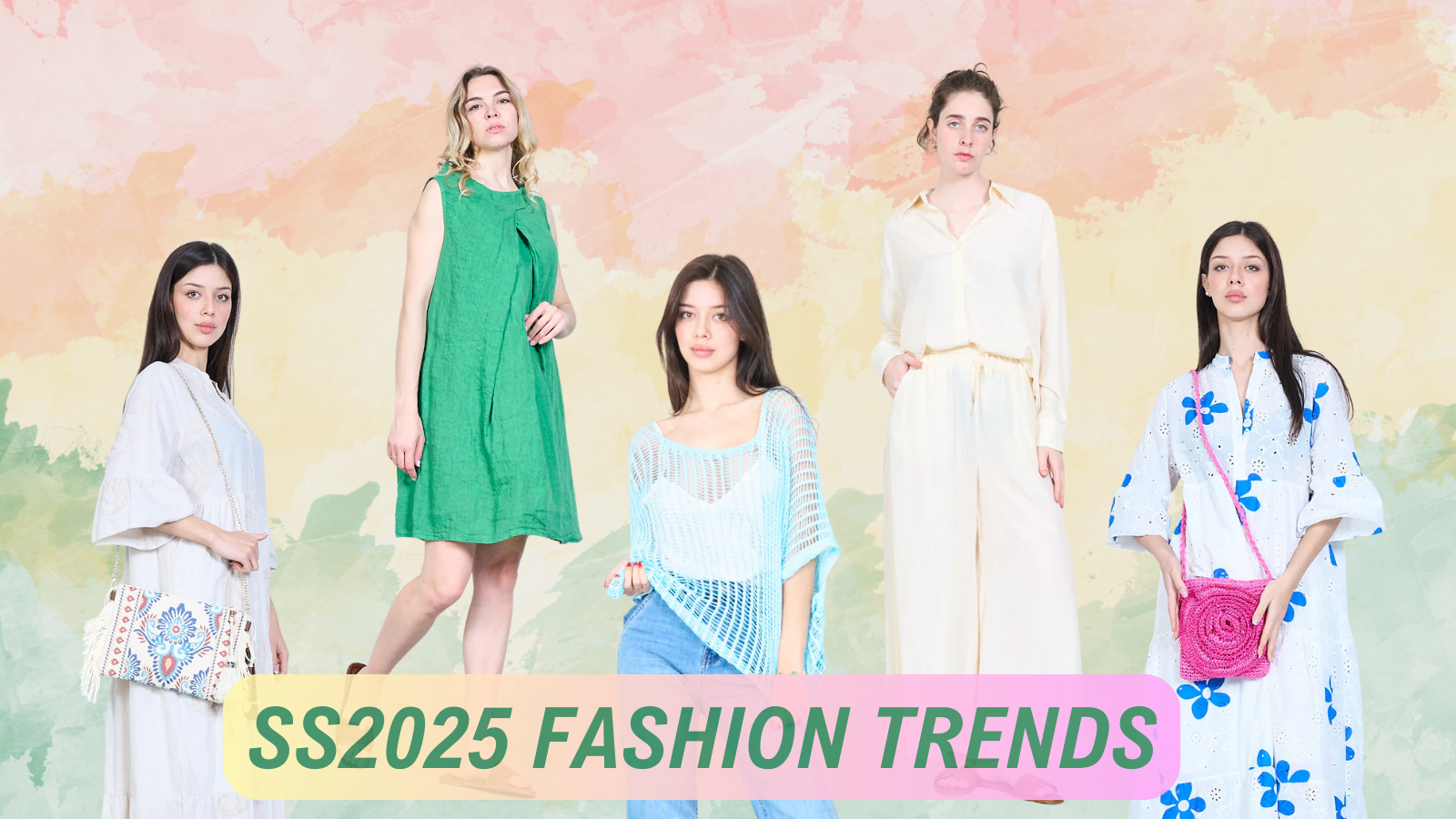 Models wearing pastel and bright summer dresses from LEIVIP, showcasing 2025 Spring Summer fashion trends for boutique wholesale buyers.