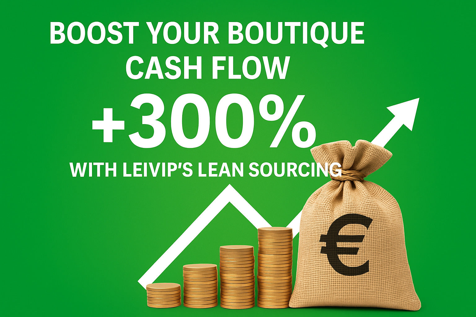 Green banner showing stacked gold coins, a euro money bag, and an upward arrow with text “Boost Your Boutique Cash Flow +300% with Leivip’s Lean Sourcing”, representing Leivip fashion wholesale and ready-to-ship sourcing efficiency.
