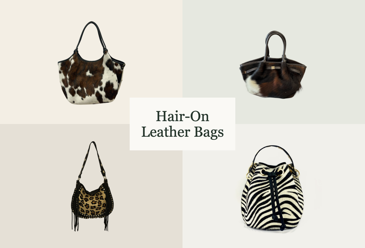 Four NOEMI hair-on leather bags: shopper, satchel, leopard fringed shoulder bag and zebra bucket bag