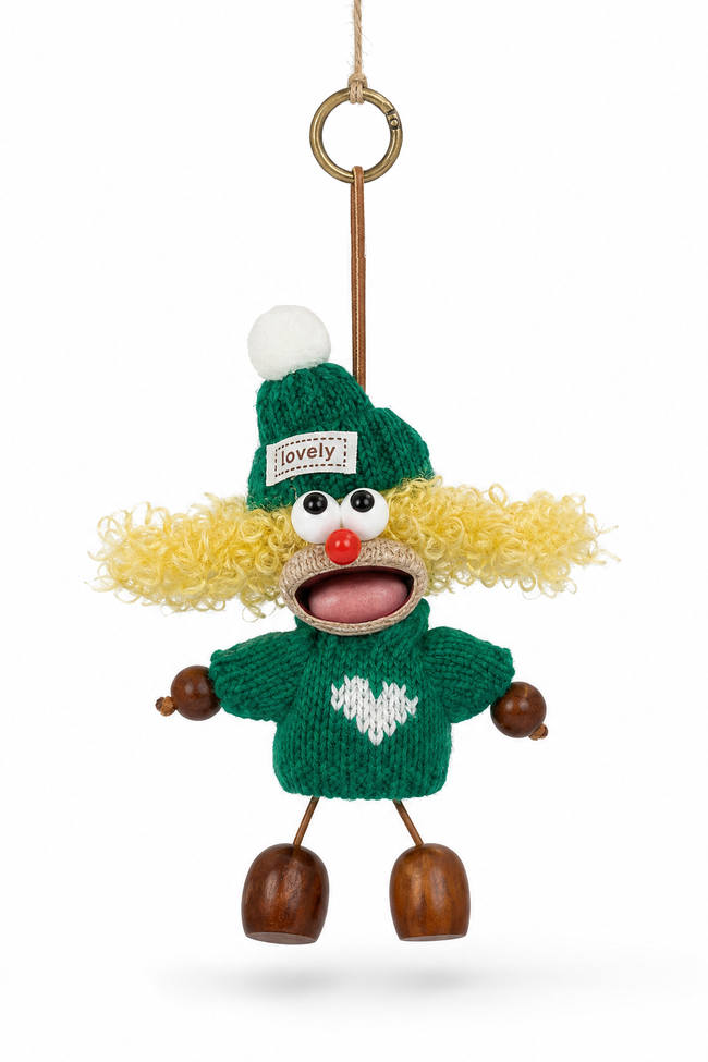 Doll bag charm with curly yellow hair, a green pom-pom hat and matching sweater with a white heart.