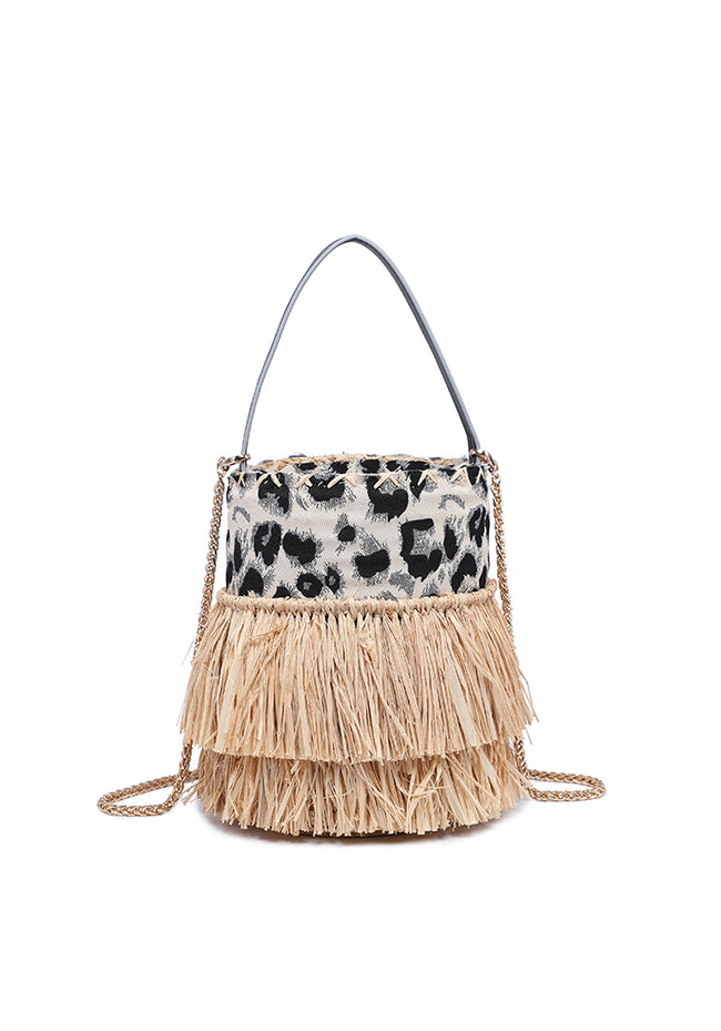 Bucket bag with a pale leopard-print upper panel, two tiers of natural fringe, a black handle and a chain strap.