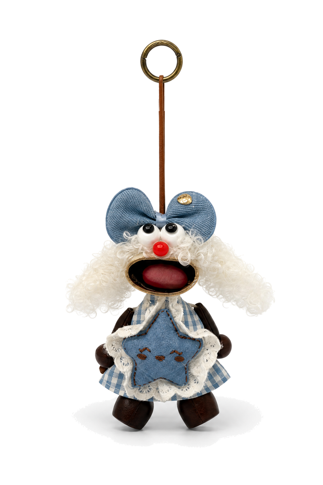 Doll bag charm with curly white hair, a blue bow and a blue star over a checked lace-trimmed dress.