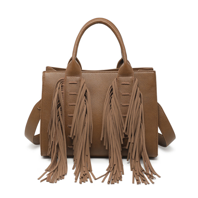 Front view of a brown structured handbag with rounded handles, a shoulder strap and long decorative fringe.