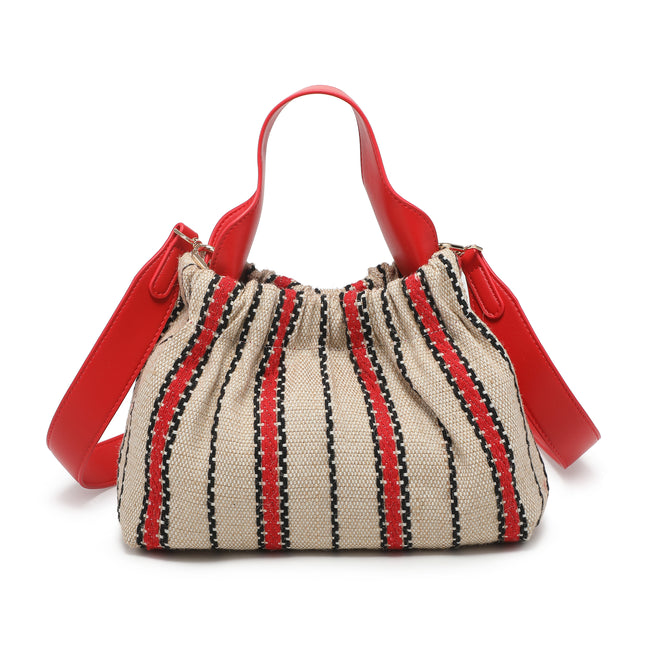 Front view of a cream striped handbag with red handles, red side panels and a matching shoulder strap.