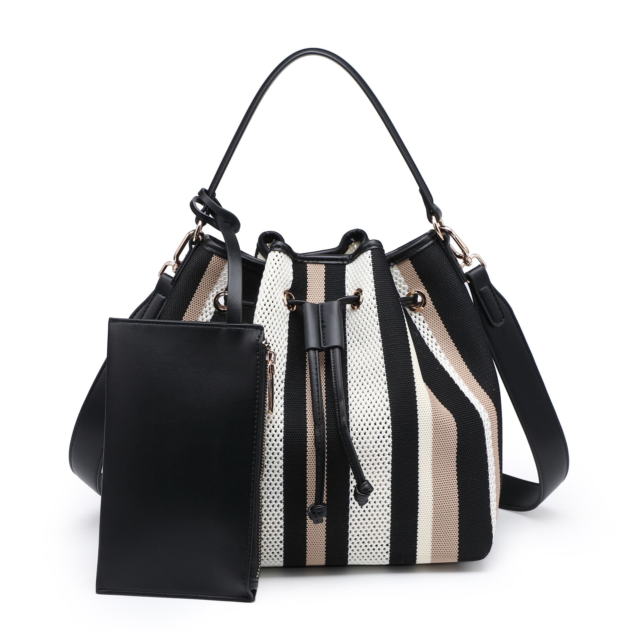 Black and cream striped bucket bag with drawstring top and matching pouch.