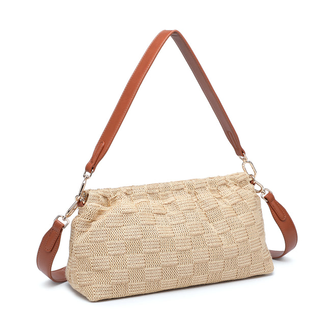 Angled view of a beige basket-weave shoulder bag with brown straps and metal clips
