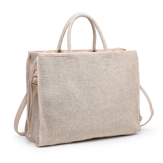 Angled view of a beige woven-texture tote with rounded handles and a long shoulder strap.