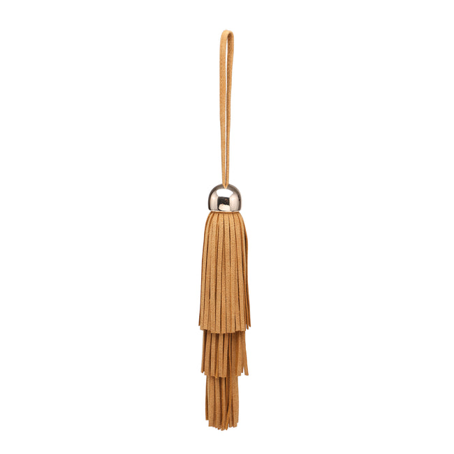 Camel-colored tiered tassel charm with a loop strap and gold-tone cap.