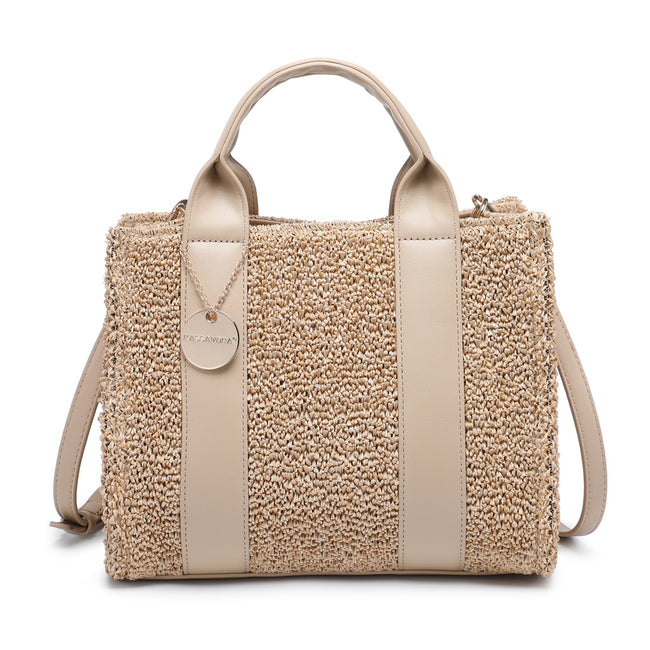 Beige textured rectangular handbag with smooth vertical straps, rounded handles and a round charm.