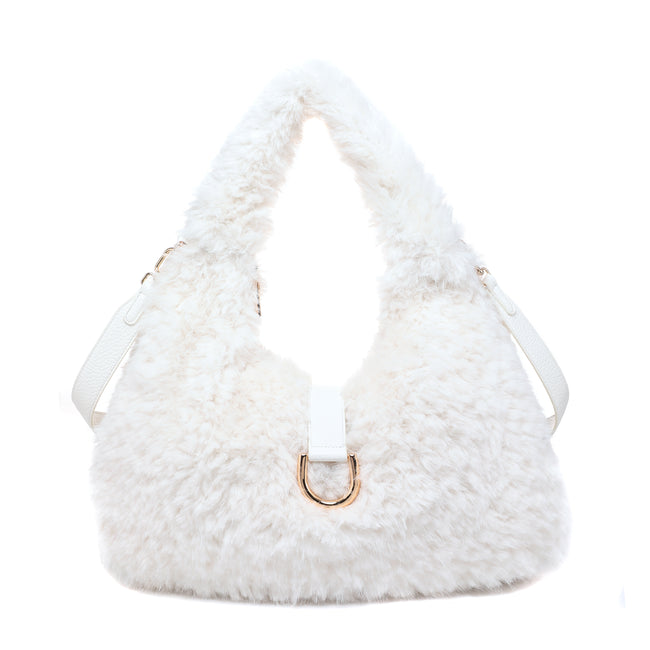 White fluffy shoulder bag with a wide textured handle and gold-tone ring detail.
