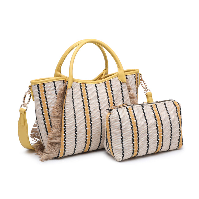 Striped fringed tote with yellow handles and a matching zip pouch