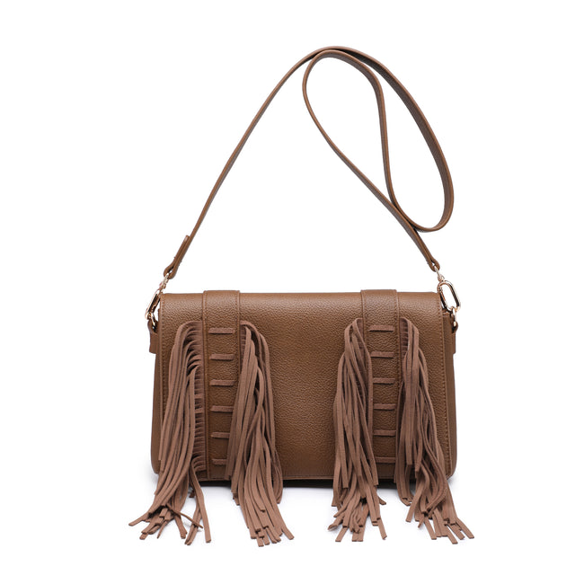 Front view of a brown rectangular shoulder bag with a flap, long strap and rows of hanging fringe.