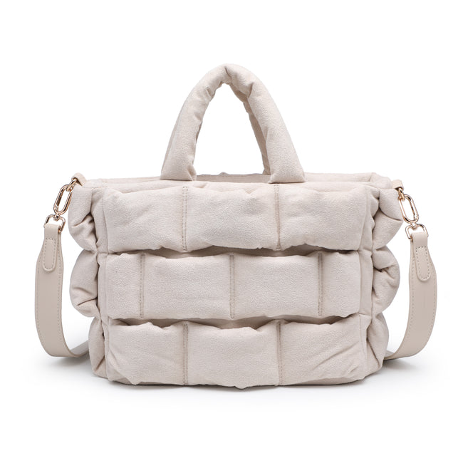 Off-white padded handbag with rectangular quilted sections, rounded top handles and a detachable shoulder strap.