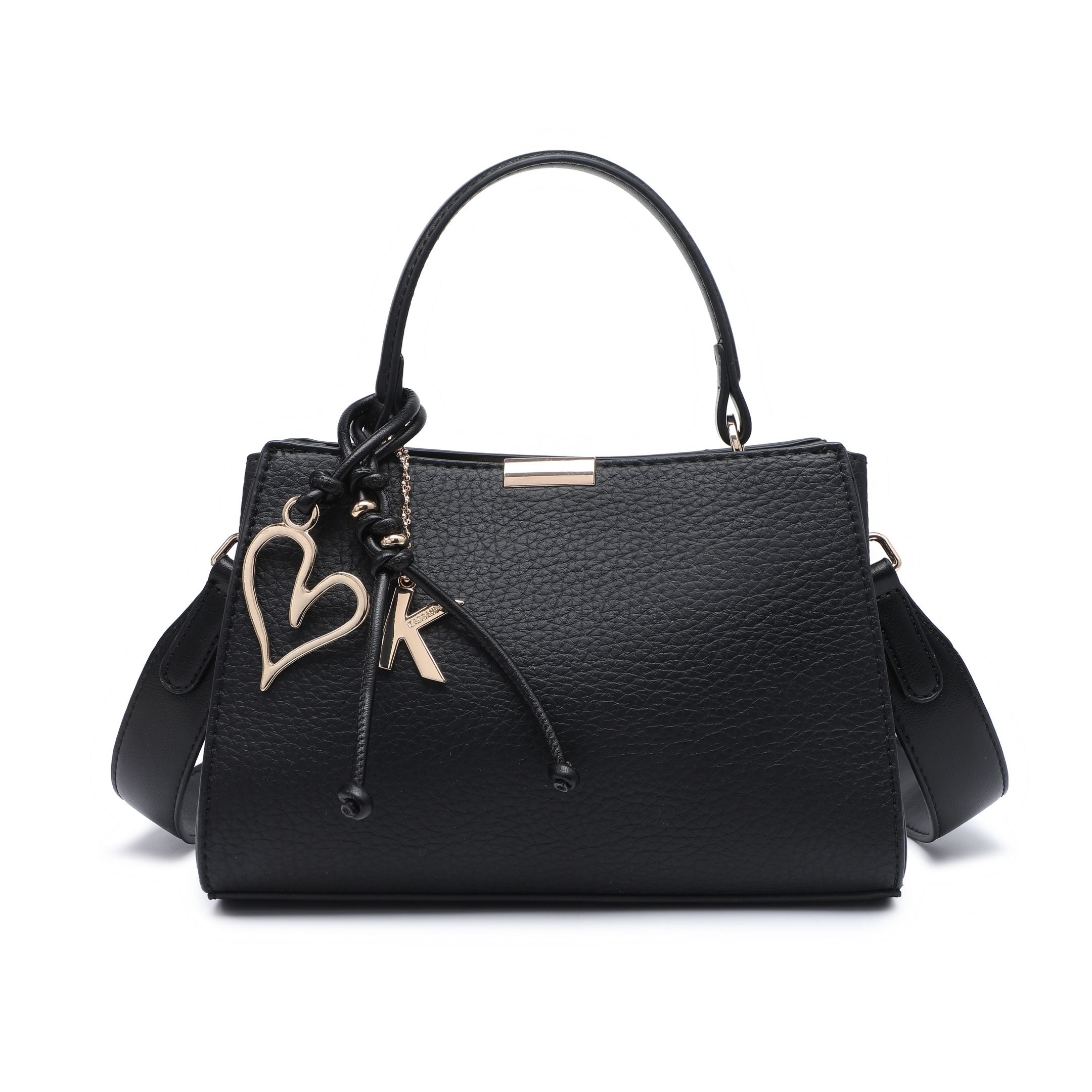 Black compact trapezoid handbag with rounded top handle and gold-tone heart charm.
