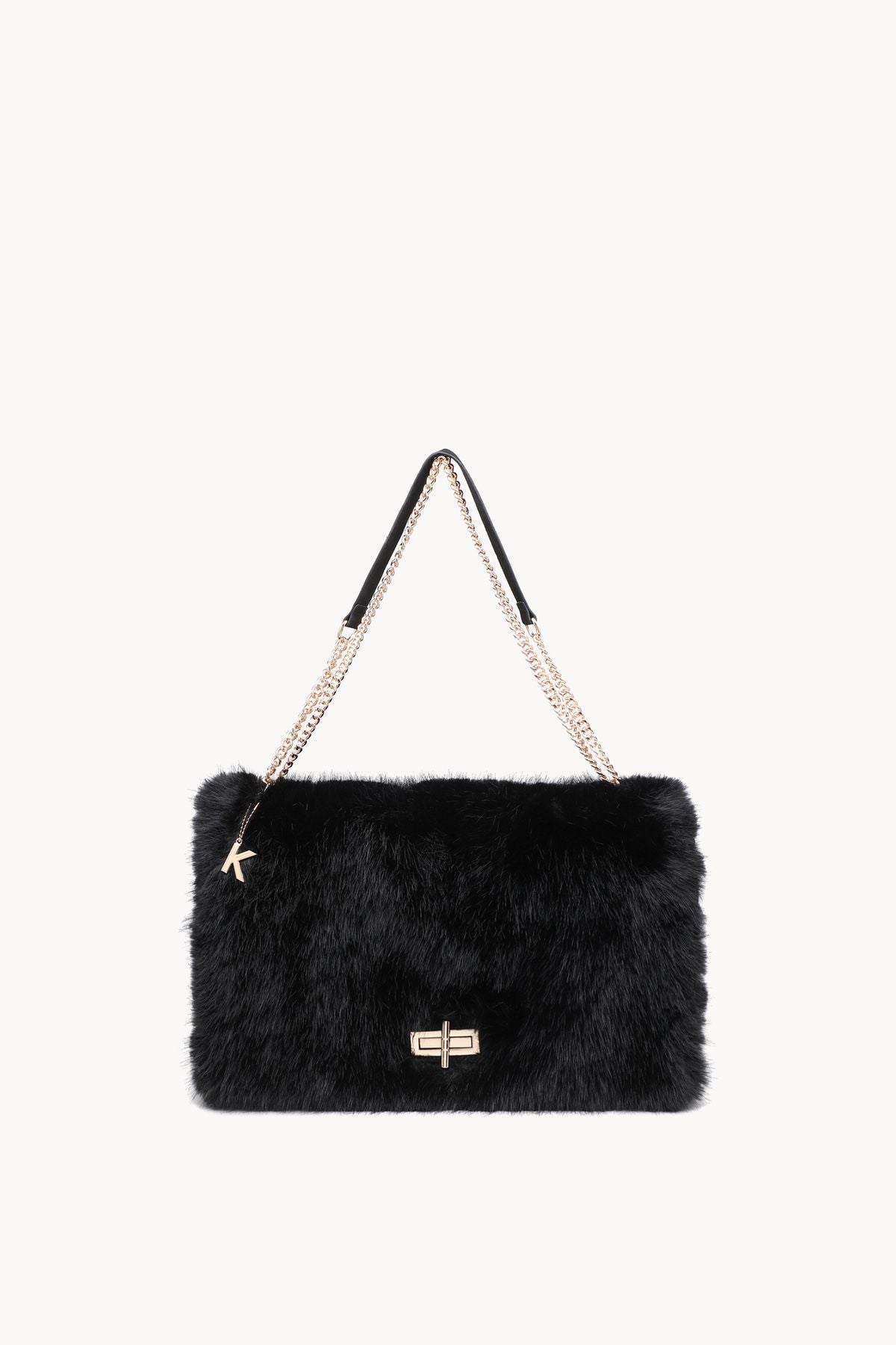 Black faux fur flap bag with gold-tone chain strap and small front clasp.