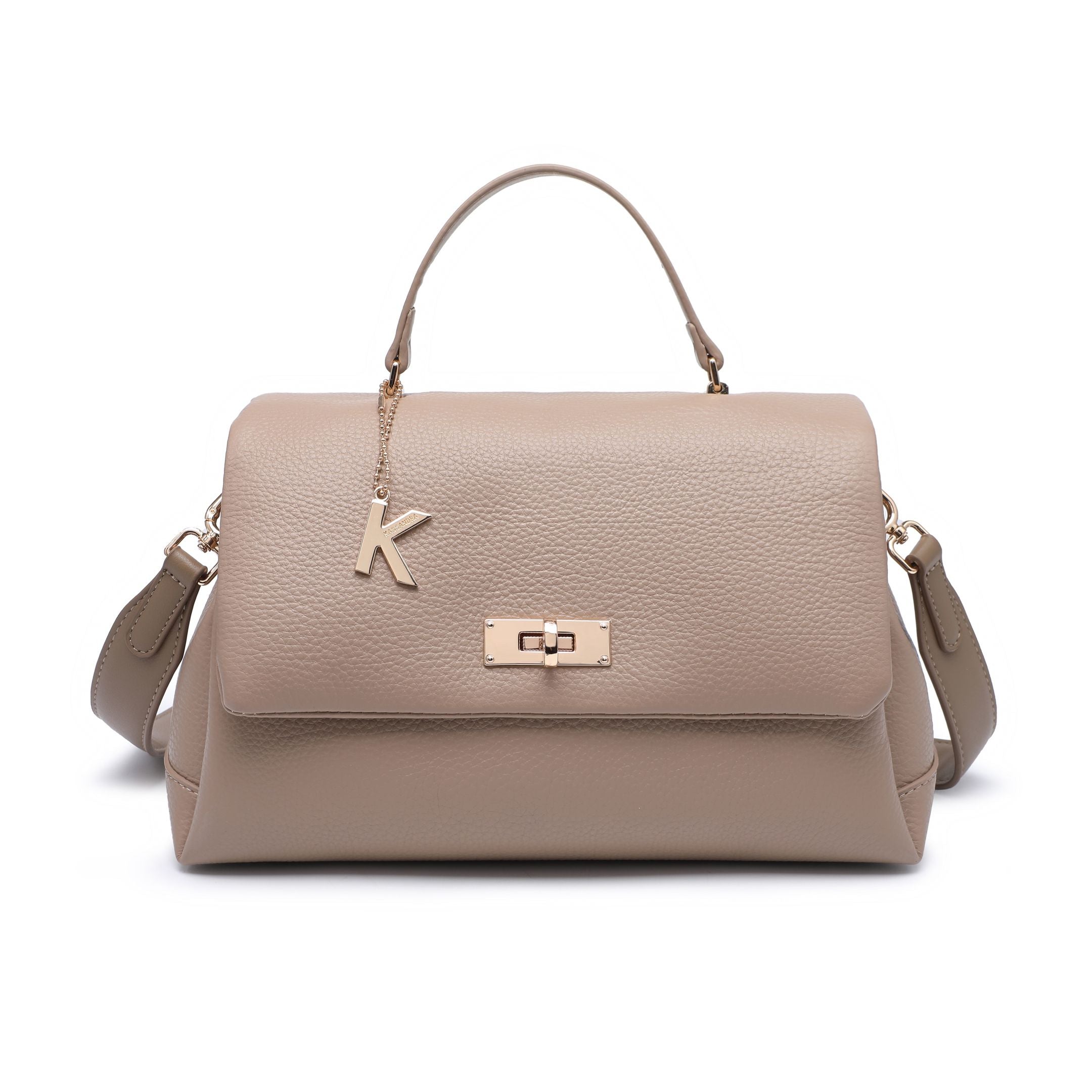 Beige structured pebbled flap satchel with top handle and rectangular turn lock.