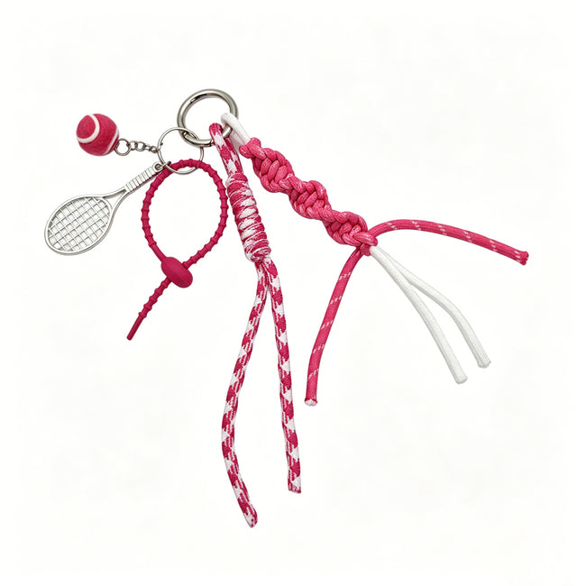Fuchsia rope keyring with tennis racket and ball charms and long knotted cords.