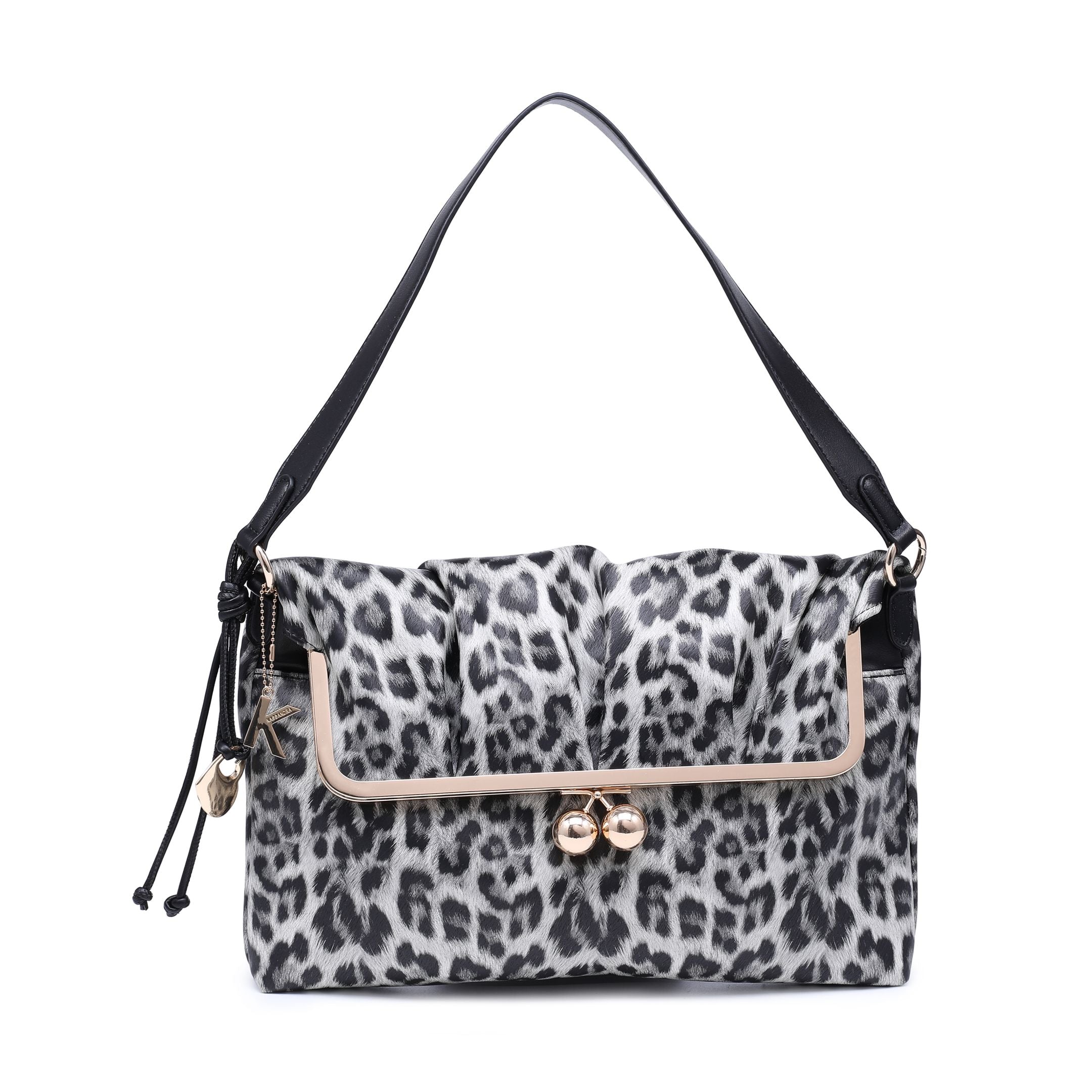 Black and grey leopard-print rectangular flap bag with contrasting border and ring clasp.