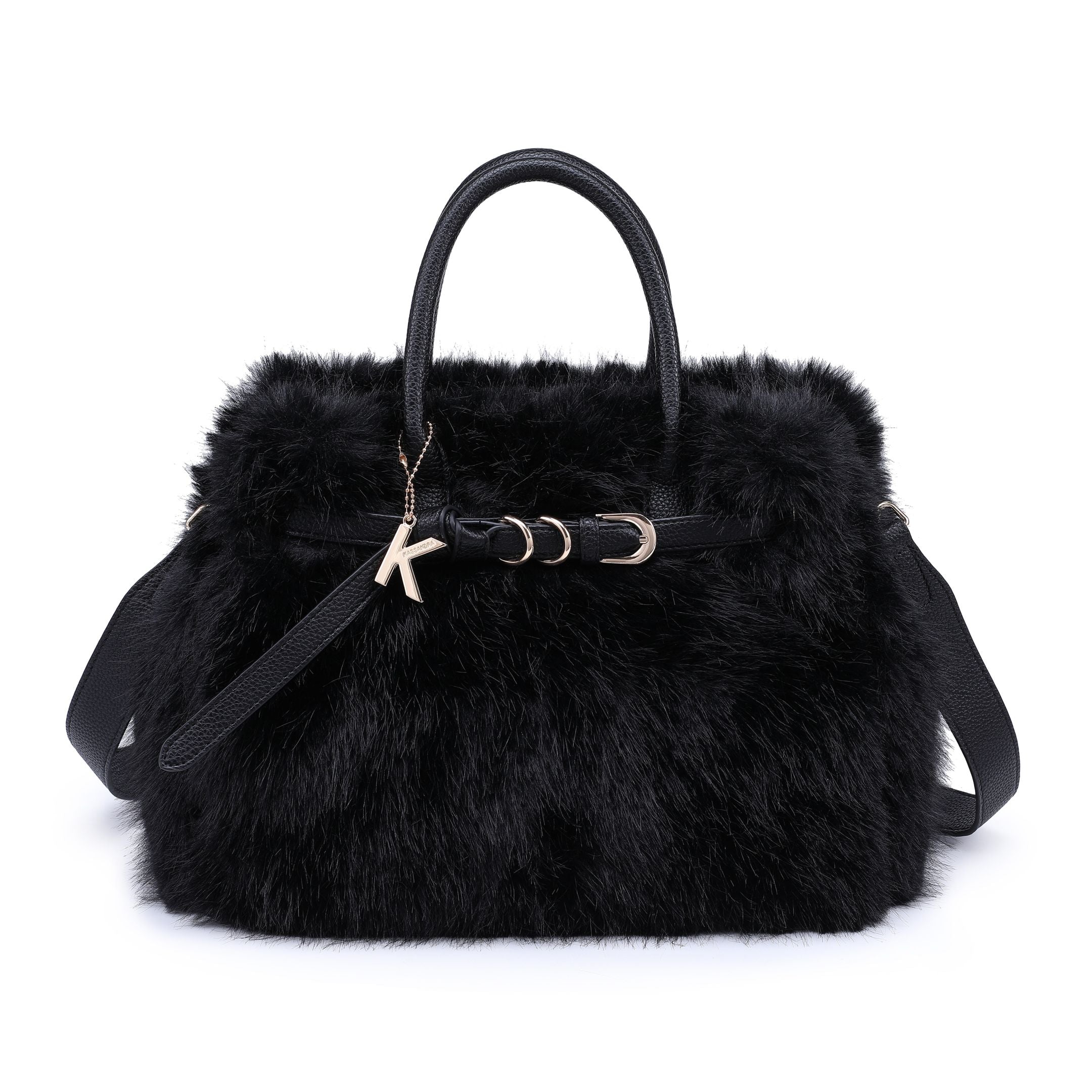 Black faux fur handbag with two rounded handles and front strap detail.