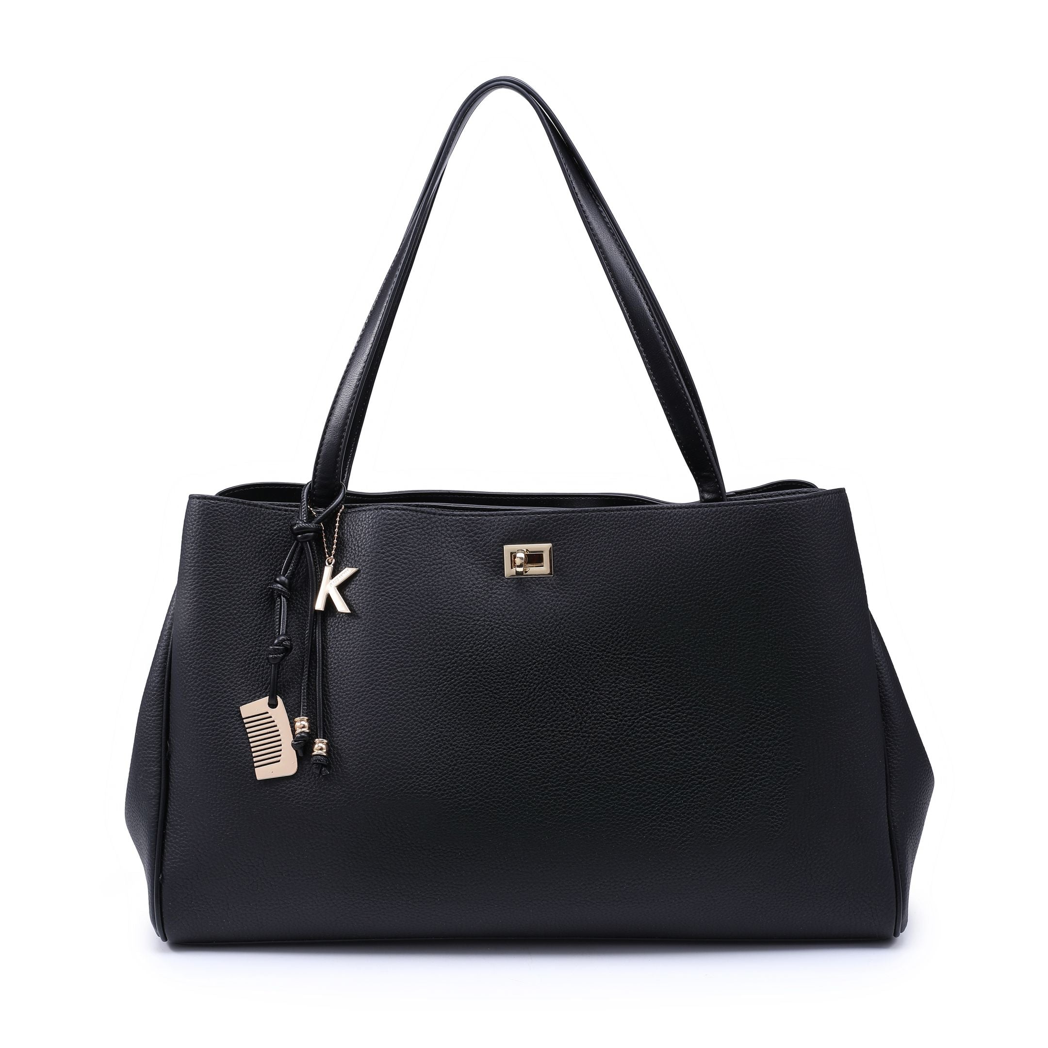 Black pebbled trapezoid tote with twin handles, angled sides and small metal accent.