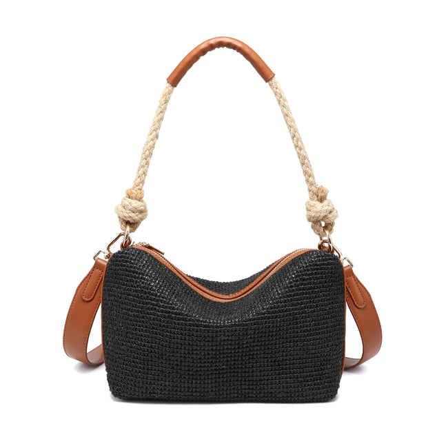 Black woven-texture shoulder bag with a knotted rope handle and brown trim.