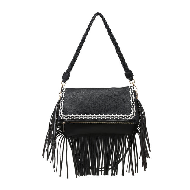Black fringed shoulder bag with a braided handle and contrasting stitched flap border.