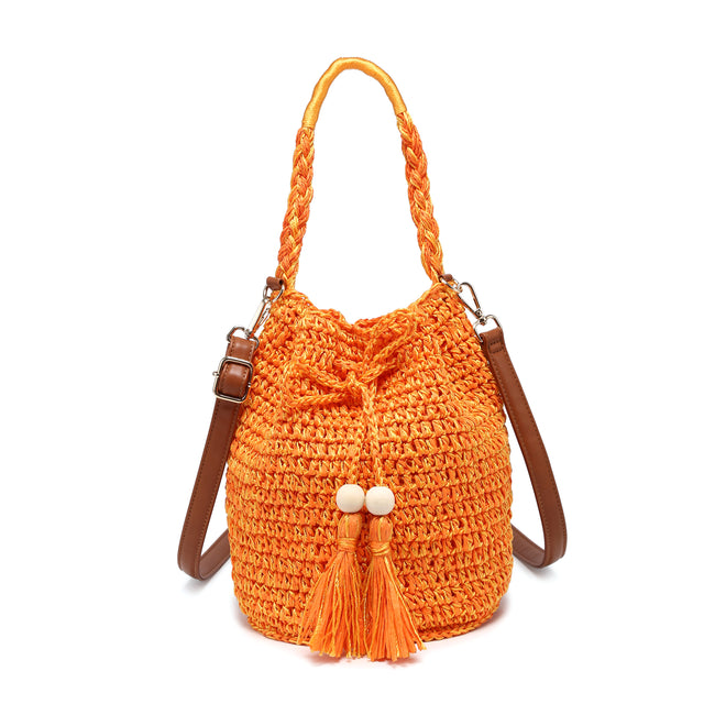 Front view of an orange textured bucket bag with a braided handle, brown shoulder strap and tassel drawstrings.