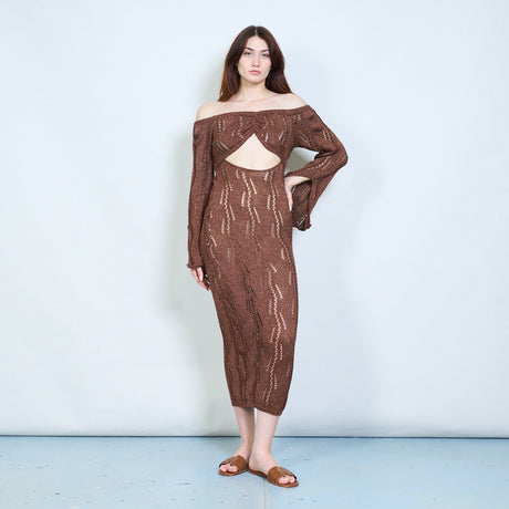 Elegant shimmer ribbed open knit off shoulder bodycon maxi dress with – LEIVIP