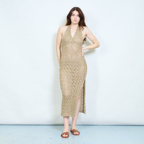 Elegant open knit halter maxi dress with textured pattern and open bac –  LEIVIP