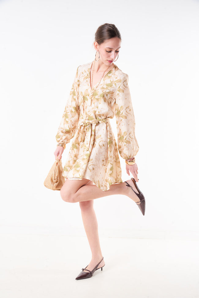 Cream with yellow beige flowers floral-print V-neck mini dress with long gathered-cuff sleeves and a waist tie