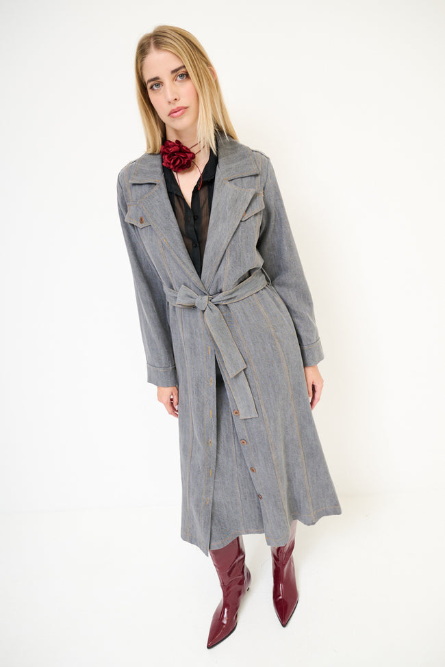 Grey belted trench-style midi dress with front buttons and lapel collar
