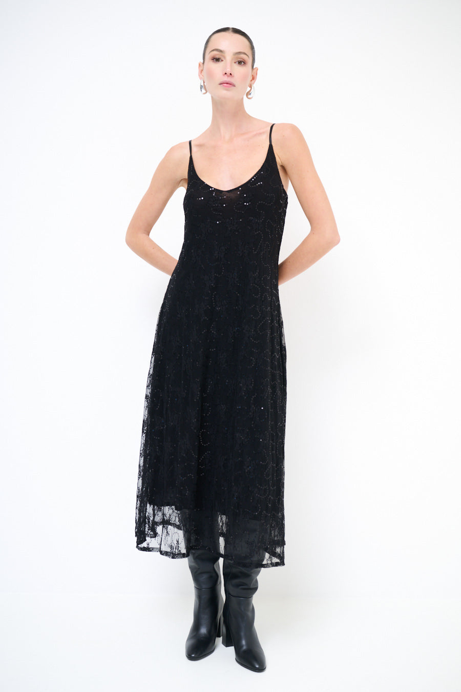 sheer embellished midi dress sequined evening dress Sheer Embellished Scoop Neck Evening Gown in Almond