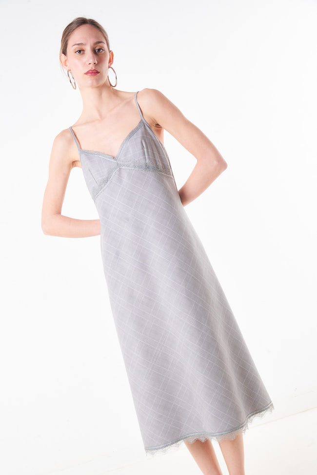 Grey polyester-viscose-blend midi slip dress with lace-trim V neckline, thin shoulder straps and lace hem