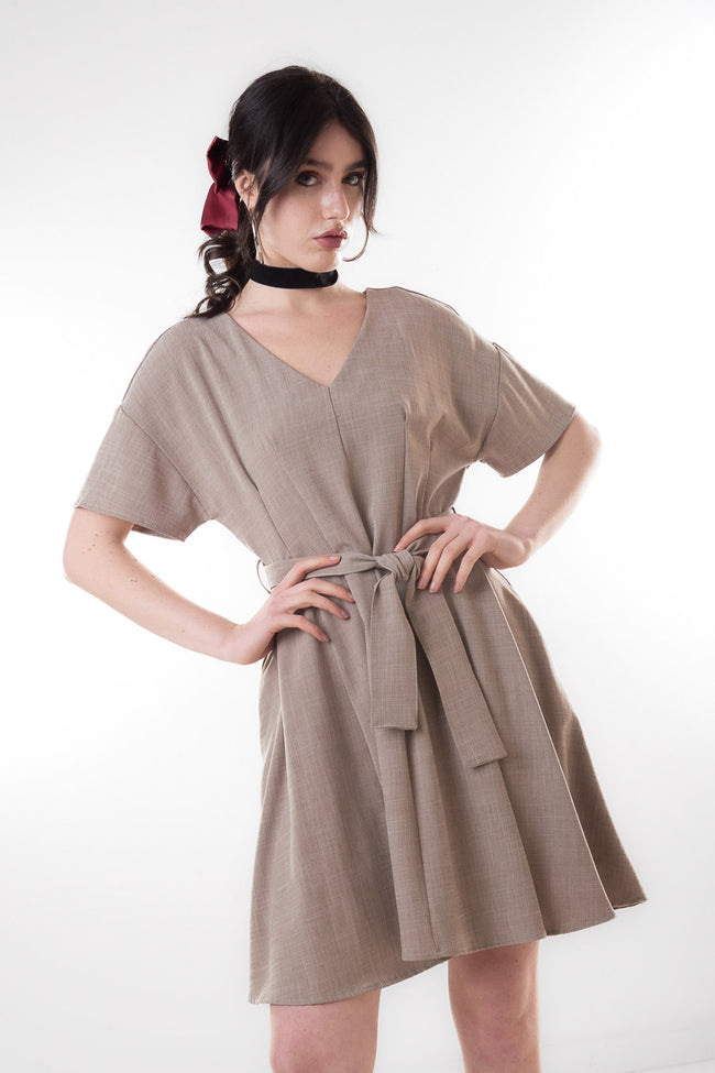 Beige taupe V-neck short-sleeve mini dress with waist tie and flared skirt