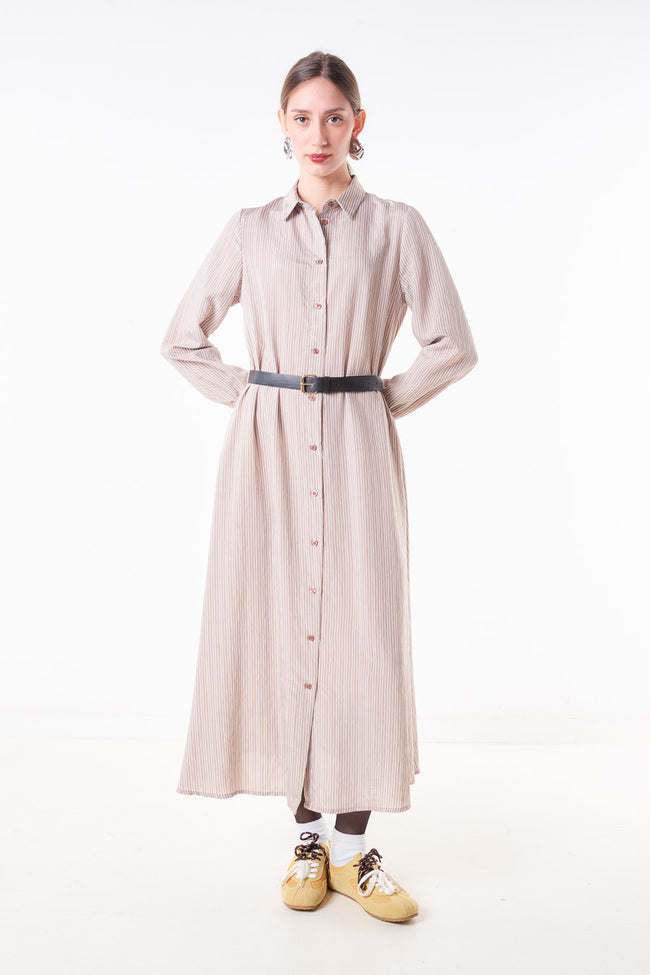 Beige taupe fine-striped viscose-blend button-front midi shirt dress with pointed collar and long cuffed sleeves