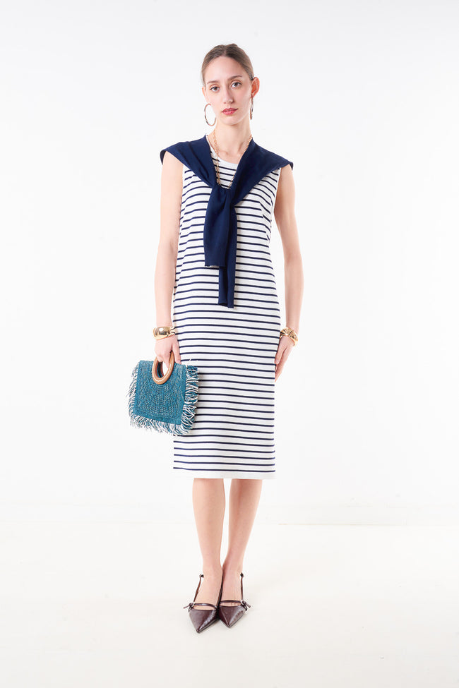 Cream with dark blue stripes horizontal-striped sleeveless viscose-blend midi dress with round neckline and straight silhouette