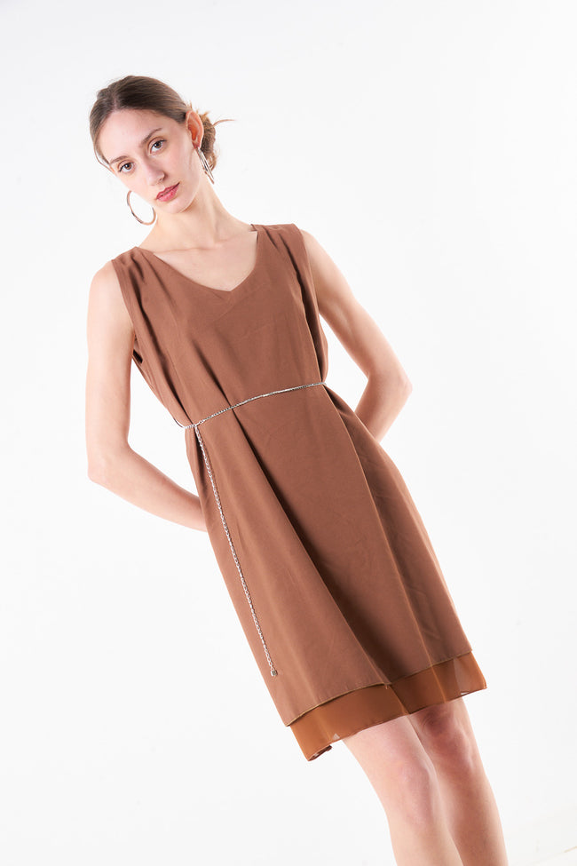 Coffee brown sleeveless layered viscose-blend chiffon dress with V neckline, chain waist detail and semi-sheer hem edge