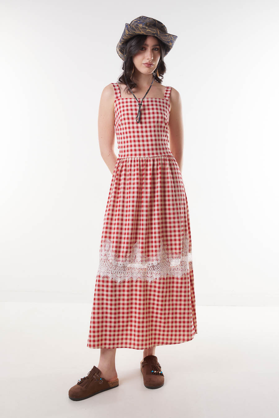 Gingham check lace trim sleeveless midi dress wholesale – LEIVIP