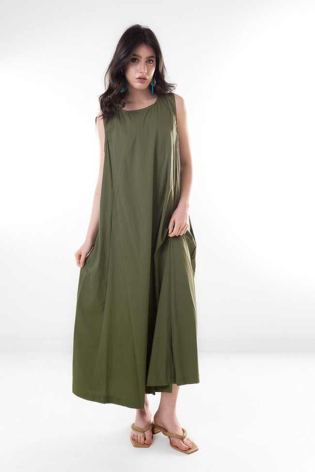 Dark olive green loose sleeveless cotton-blend maxi dress with round neckline and flowing wide silhouette