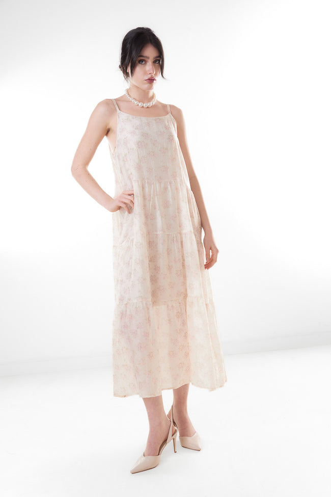 White cream soft floral-print midi dress with thin adjustable straps and tiered gathered skirt