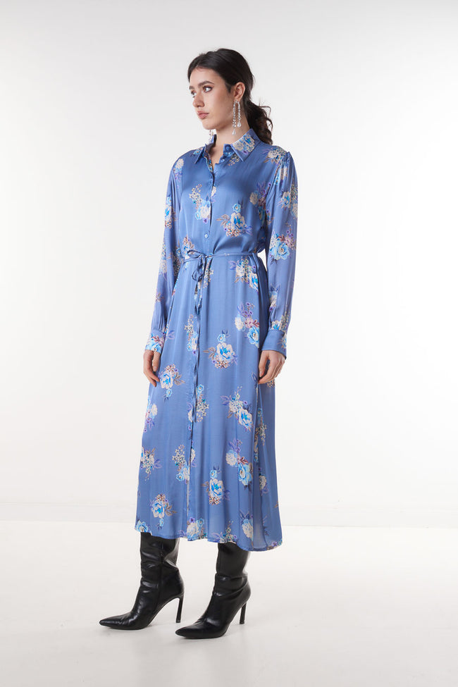 Blue floral-print viscose midi shirt dress with pointed collar, full front buttons, waist tie and long cuffs, side view