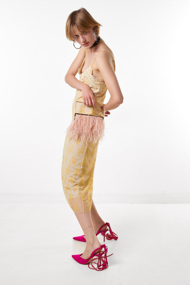 Yellow floral embroidered lace slip midi dress with thin straps and lace-trimmed neckline, side view