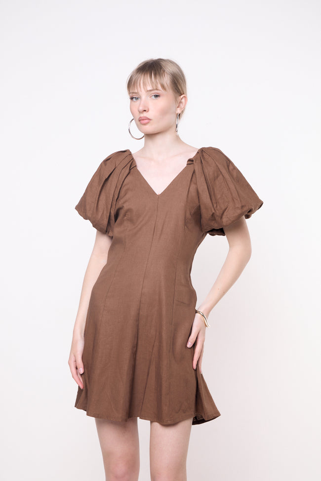 Coffee brown linen-viscose mini dress with puff sleeves, pleated shoulder details, V neckline and fitted waist