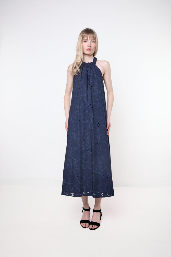 Dark blue cotton halter maxi dress with floral eyelet embroidery and gathered neckline