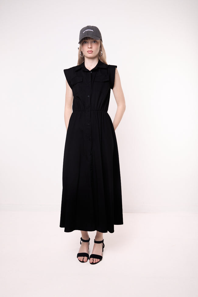 Black sleeveless cotton-blend utility midi dress with collar, flap chest pockets and gathered waist