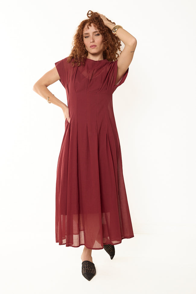 Bordeaux sheer cotton midi dress with round draped neckline, short cap sleeves and front pleats