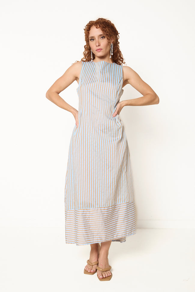 Light blue and multicolour striped sleeveless polyester-viscose-polyamide midi dress with round neckline and horizontal striped hem panel, front view